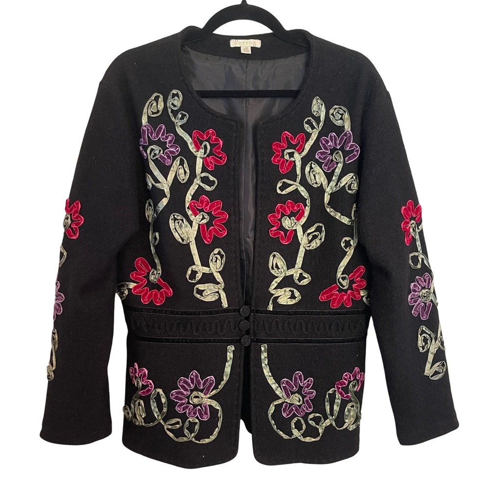 Carson Black 100% Wool Floral Ribbon Embroidered Art to Wear Jacket Large